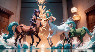 In the beautiful illustration of this super-grand scene?The ultra-long-range lens is shown?Over eight unique centaur characters?9.9??They all have their own characteristics?Vivid and interesting?Radiant angelic centaurs from the heavenly realm?To the hellish centaurs surrounded by nightmarish flames?And then to the Wind Fairy Centaur dancing in the air?There are also one-horned centaurs surrounded by thunder and lightning?and mechanical centaurs that shine with metallic light?And then to the powerful dragon centaur with colored dragon scales covering the whole body?The elegant and agile elf centaur always wears a flower crown with its slender graceful lines?Enchanting and charming Tiflin centaurs?Each character has their own unique charms and abilities?The illustration uses advanced artistic techniques and tools??Divide the scene into sections by geometric arrangement?9.9??Each section corresponds to a centaur character?This makes more efficient use of space?Through Midjourney's advanced brush tools?Color palette?Material packs and model packs?For each centaur, beautiful props are designed to increase racial characteristics?Clothing and physical features?Enhances the character's personality and visual appeal?The scenery in the illustrations is stunning?There are changing skies?rainbowing?extreme light?Stars and Moon?Incorporating iconic landmarks such as Mount Everest?and fireworks?tranquil lake?Natural and urban elements of waves and neon lights?Creates a magical atmosphere?The centaurs display their unique abilities and equipment in a variety of environments?This is true even in extreme alien landscapes??Use Midjourney's tools?Material packs?Texture tools?The color palette makes depicting details vivid and realistic?9.9??From complex hairstyles and as well as different racial traits?Body?Appearance features?Clothing to real textures?This greatly enhances the realism of the characters and surroundings?The fusion of multiple art styles adds movement to the centaur's