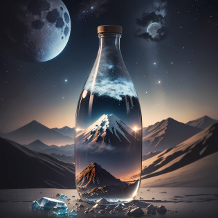 Computer, Extensive landscape ultra photography (general view showing glass glass, glass bottle, inside, moon, ice, general view, glass, dawn, stars, volcano), blurred background, gloomy, magic