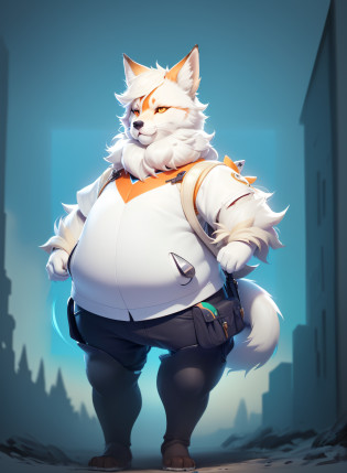There is a fat white scribe-northern fox-arctic fox with a bandana on his head, furry character, furry body, Furry art!!!, Furry anime, furry character portrait, white fox anime, Furry art, fluffy chest, Anthropomorphic furry art, furry digital art, furry fursona, very very beautiful furry art, furry fantasy art, fluffy chest, Fursona in stylish clothes,fat, well-fed, fat;