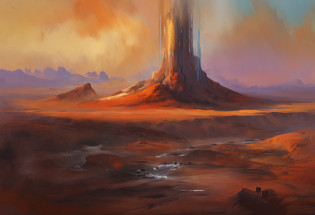 um deserto de areias brancas, com uma grande torre demoniaca ao fundo e um grande buraco negro a cima dessa torre, sci-fi horror, dramatic lighting, 4k, arte conceitual, altamente detalhado, Volumetric lighting, global ilumination, octan render, Estilo-SwampMagic, Eldritch, cosmico, energia escura