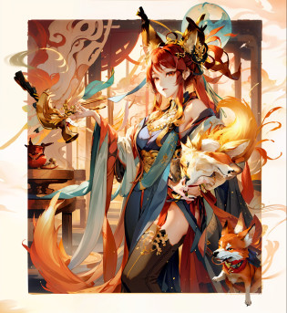 Anime - stylized image of a woman holding a pipe and a fox, a beautiful fox lady, trending on artstation pixiv, author?Shitao, fox nobushi, Pisif, Kitsune, a beautiful kitsune woman, ahri, Pisif Contest Champion, by Kamagurka, jazza and rossdraws, WLOP and Sakimichan