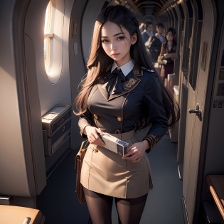 best quality, masterpiece, 8k, ultra high res, (photorealistic:1.4), highly detailed, intricate detail, delicate and beautiful, good lighting, professional lighting, sharp focus, detailed shadows, exquisite details and textures, depth of field, unity 8k wallpaper, cinematic composition, cinematic lighting, official art, Cabin Crew, flight attendant, black pantyhose, (aircraft, (Aircraft Corridor), Aircraft seats) beautiful elegant face, detailed face, detailed eyes, realistic hair, long hair, (1girl), (standing:1.3), --auto