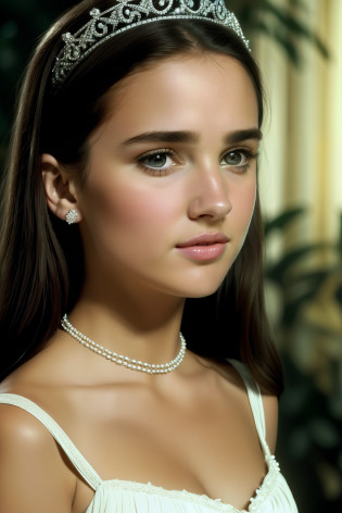 a close up of a young girl wearing a tiara and a necklace, young jennifer connelly, ana de la reguera portrait, aged 13, high quality film still, young goddess, young natalie portman, young audrey hepburn, penelope cruz, photo of penelope cruz, karol bak of emma watson nun, jennifer connelly, sean young, julia sarda, elizabeth taylor