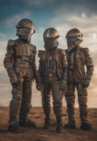 There were four people wearing helmets standing in a row, cyber steampunk 8 k 3 d, television screenshot, Series V, mugshot, Anthropomorphic machines, standing in wasteland, wales, promotional shot