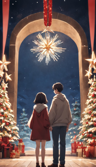 There are two people in front of an exhibition of Christmas decorations, holiday photography, no instagram, Album Photography, Com o Menino Jesus, fotografia, hight decorado, Imagem, Family photo, imagem do avatar, fotografia de qualidade do museu, fotografia de baixa qualidade, pose 1 de 1 6, fotografia descoberta, imagem interna, pano de fundo, Directed by: Pablo Carpio, imagem de diorama, fotografia desfocada