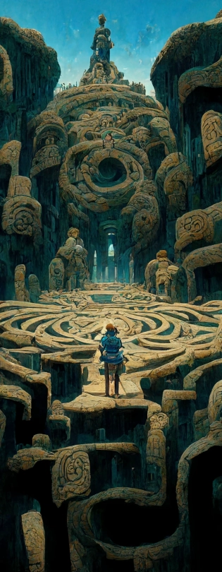 An enormous labyrinth, Beautiful architecture, Statues, Highly detailed carvings, Atmosphere, Dramatic lighting, Epic composition, Close up, Low angle, Wide angle, by Miyazaki, Nausicaa Ghibli, Breath of The Wild --aspect 9:32