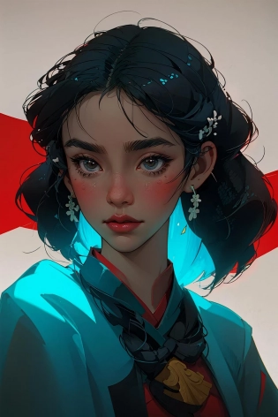 (Face close-up:1. 3), Head portrait close-up, Mulan, trendy, modern, red background, black and white fluorescent colors, flat style, minimalism, flat illustration, Tsuruta Ichiro style, <lora:LoRA-FashionMagCover:0. 3> <lora:LowRA:0. 3> <lora:Sorayama Style - Hajime Sorayama_v1. 1:0. 3>