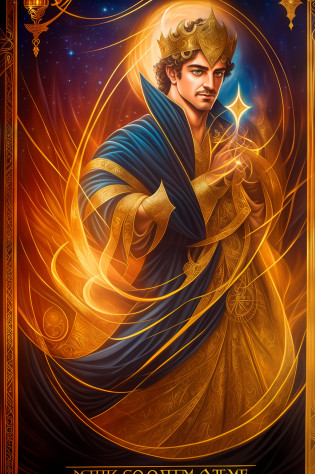 A mesmerizing image of a magical magician, wearing a flowing, flowing gown and a serene expression, standing before a large, ornate tarot deck. The magician's eyes are focused and serene, and a powerful, ethereal essence radiates from their skin. The deck is adorned with rich, vibrant colors, with intricate designs, and elegant swirls of light and shadow. The magician's face and hands are bathed in the warm, golden light of the setting sun. telephoto lens, golden hour lighting, f/11 aperture