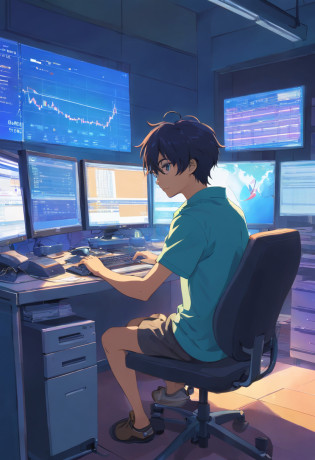 There's a man sitting at a desk with two computer monitors, sentado em um computador, sentado em frente ao computador, olhando para o monitor, displaying stock charts, sentado em uma mesa de computador, na frente de um computador, trading, trading stocks,muito rico. dolar, imagem de dinheiro na parede