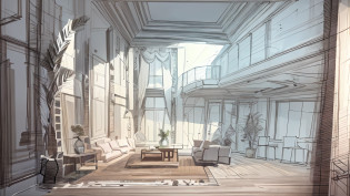 Drawing of the living room with sofa and table, professional sketch, one-point perspective, 3 d point perspective, 2 point perspective, interior living room, Architectural sketch, 1-point perspective, point perspective, one-point perspective, 2 - point perspective, 3 point perspective, 5 point perspective, high quality sketch, sketch illustratio, Line sketch, high quality of sketching