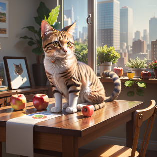 There is a cat sitting on a table chewing on an apple, the cat on the table, the cat on the table in front of her, realistic afternoon lights, photorealistic style, ultra-realistic pictures, hyperrealistic illustrations, hyperrealistic pictures, high-quality realism, realistic illustrations, semi-realistic renderings, ultra-realistic illustrations, realistic illustrations, hyperrealistic pictures