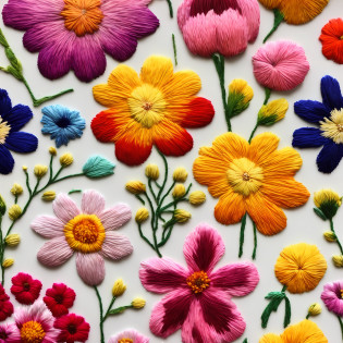 a closeup of a bouquet of flowers on a white surface, bordados florais, bordados de tecido, flores coloridas, flores coloridas, flores florais coloridas, flores de cores vivas, motivos de poder floral, bordado, flores detalhadas, flores coloridas, muitas flores, bordados intrincados, cada vez mais flores, flores com detalhes intrincados, muitas flores, flores irregulares, flores e flores