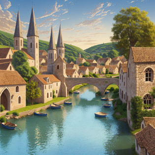 painting of a village with a river and a church, medieval town landscape, medieval village, medieval town, a small medieval village, medieval city, medieval coastal village, french village exterior, medeival fantasy town, quaint village, fantasy town setting, medieval village on the plains, medieval concept art, medieval french landscape, in a medieval city, illustration matte painting --auto --s2