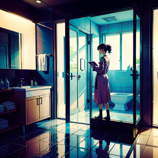 anime - style illustration of bathroom with a mirror, two beautiful anime girls, beautiful sci - fi, in bathroom, by Yoshihiko Wada, dim light dark bathroom