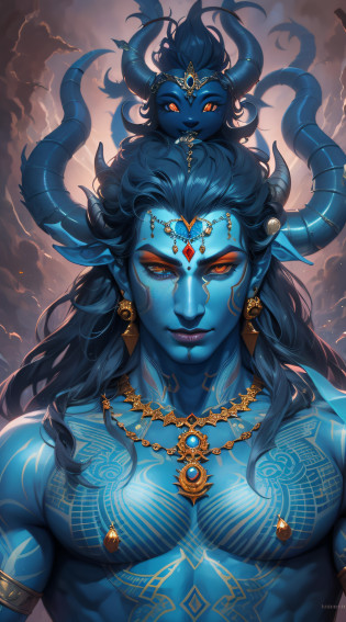 a full body naked shiva, lord shiva, god shiva the destroyer, hindu god, inspired by Kailash Chandra Meher, attractive male deity, cyborg hindu godbody, indian god, devainart, blue djinn, vishnu, serene expression, goddess close-up portrait, with horns, closeup portrait shot