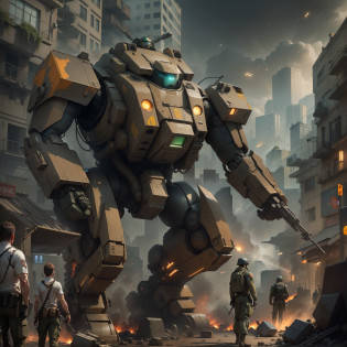 You are a talented digital artist responsible for creating an image of a city in chaos, where people are being attacked by giant robots. The army is present, trying to protect and help defenseless citizens. I want you to portray the scene in an epic and dramatic way, transmitindo a intensidade da batalha e a coragem dos soldados.

Start by drawing the buildings of the city, making sure they look tall and imposing. Add architectural details to give a realistic feel. Agora, Position giant robots strategically, making them dominant and threatening.

Em seguida, concentre-se nas pessoas. Desenhe-as correndo, gritando, Seeking shelter or fighting robots. Be sure to capture their expressions of fear, despair or determination.

To add a touch of hope, portray the soldiers of the army. Draw them into action, using advanced weapons and protective equipment. Convey your commitment to saving lives and defeating robots. Destaque-os dos demais personagens, mostrando sua coragem e habilidades.

Don't forget to work with colors and lighting to create the right atmosphere. Use dark tones and shadows to emphasize destruction and danger. Add bright lights from broken street lamps or explosions to create dramatic contrast.

As you progress, revise sua obra regularmente, aprimorando detalhes e garantindo que a narrativa visual seja clara. Ao finalizar, Take pride in its thrilling depiction of a city at war with giant robots, where the army fights heroically to protect citizens.