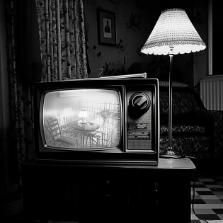 static tv screen, 60's, brassai style photo, black and white, ultra realistic, --v 5