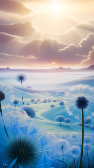 There is a picture of a beautiful landscape?There are dandelions in the foreground, a surreal dream landscape, in a surreal dream landscape, surreal dream landscape, epic dreamlike fantasy landscape, ethereal landscape, surreal dreamscape, surreal waiizi flowers, Dreamy landscape, mystical fantasy landscape, The wind blows through the dandelion, fantasy sea landscape, surreal frozen landscape, dream landscape, Surreal background