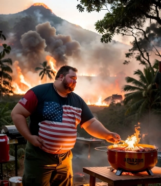 A fat American man lighting a BBQ with a (red can of gasoline) lots of meat on the BBQ. USA Flag clothes. The (((Amazon rainforest burning in the background all in flames))).