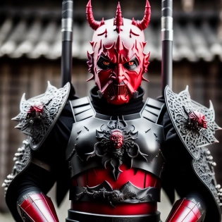 full length photo of darth maul with an armour made of intricate dragon bones and metal plates