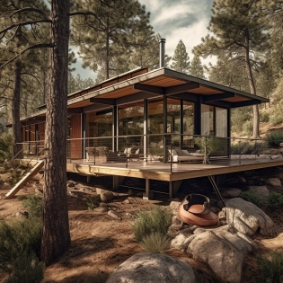 hyper realistic eye level exterior photo of a beautiful mid-century off grid cabin, natural materials integrated into the nature daylight, AD magazine, Charles and Ray Eames