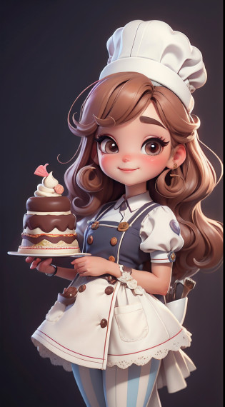 Create a series of cute baby chibi style dolls with a cute pastry chef theme, each with lots of detail and in an 8K resolution. All dolls should follow the same solid background pattern and be complete in the image, mostrando o (corpo inteiro, incluindo as pernas: 1.5)

Boneca Mini Chef: Chame-a de Marina. Ela deve ter cabelo curto e liso em tom moreno marrom. Seus olhos devem ser grandes e expressivos, with long eyelashes and rosy cheeks. Sorriso delicado e branco. Sophie deve estar vestida com uma jaqueta de chef, striped pants and an ornate chef's hat. She must hold a chocolate brigadier in her hands. Certifique-se de adicionar detalhes nas roupas, such as buttons and pockets, sapato bonito

Certifique-se de adicionar sombras, texturas e detalhes nos cabelos, roupas, confectionery utensils, to make them even more adorable and charming.