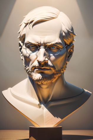 Here is the description of the photo in Portuguese:

A majestic representation of the bust of Steve Jobs carved in the imposing style of classical Greek art. 

The portrait is made in fine grain white marble, emphasizing the purity and perfection of form. Steve Jobs appears with a contemplative expression, seu olhar fixo em um ponto no horizonte, Emanating the visionary aura of a tech titan. 

His head is carved with realistic and proportional strokes. The precise lines capture the essence of his iconic features � the high forehead, o nariz reto, a boca levemente curvada em um meio sorriso. 

Diffuse lighting creates a dramatic play of light and shadow over facial angles. The hair is worked in soft friezes that frame the face, Giving movement and texture to the piece.

A base do busto apresenta a assinatura estilizada do escultor, gravada na lateral. Ao fundo, the silhouette of some modern buildings bridges the gap between the classical context of sculpture and the technological age that Steve Jobs helped shape.

The work masterfully captures the visionary spirit and aura of genius of this computer icon, eternalizing him as a legendary figure through the reinterpretation of Greco-Roman sculpture.