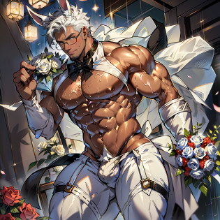 Solo, there is one man, depicted full body, men only, sexy, sensual, playboy bunny, white rabbit ears, glamorous wedding hall, bridal chapel, groom, newlyweds, silver-rimmed glasses, metallic silver bridal suit vest, metallic silver bow tie, white suspenders, white men's leather shoes, white gloves, white sleeves, white socks, metallic silver G-string bikini, string bite, holding a bouquet of white roses in hand, bunny boy, mega muscle, hyper muscle, masculine appearance, mature man, beautiful black eyes, handsome, only underwear, shirtless, no pants, beautiful muscles, complex and elegant, highly detailed digital painting, anime style art, art station, concept art, top quality, masterpiece, ultra high definition, detailed background, realistic figure, muscular man, beard, muscle, volumetric lighting, depth of field, smooth and sharp focus, illustration, art, black facial hair, cropped hair, black hair, muscle, navel, muscle, male, gay, hyper muscle, male focus, muscle male, yaoi, muscle, buttocks, pectoral muscles, large pectoral muscles, thick quadriceps, thighs, wet body, heat and steam emanating from the body, Sweating, drenched, crotch, big back, looking back, showing back, showing ass, upper class, shiny oiled skin, glittering oiled skin, tanned skin, bubble buttocks, dog style, hot gaze, looking viewer, no ribbon on waist, no veil.