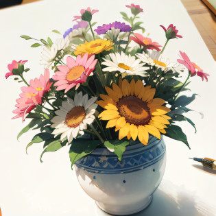 There is a vase with flowers on a table, photorealistic illustration, pintura digital altamente detalhada, realista estilo 3d, hyperdetailed illustration, hyper realistic illustration, Highly detailed illustration, cena altamente detalhada, pintura digital altamente detalhada, ultrarealistic illustration, higher detailed illustration, fotorrealista altamente detalhado, realistic illustration, Aquarela altamente detalhada 8K
