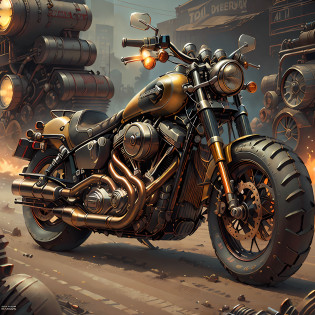 Harley-Davidson FatBob,(total view) ,Mad Max CogPunkAI ,Cores 64 k, (amarelo neon),4D ,rota 66