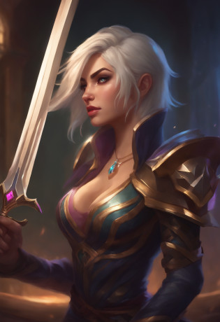 a close up of a person holding a sword in a room, riven, riot games concept art, arcane jinx, riven from league of legends, painted in the style arcane, kda, ashe, league of legends concept art, league of legends style art, irelia, a blonde emerald warrior, league of legends character art, league of legends character