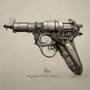 gray paper, retro-futuristic, detailed concept art of a raygun::2, fantasy pistol, baroque style illustration, precise lineart symmetry::2, beautiful illustration by joe johnston, zbrush, 8K matte concept art, 8k post-processing