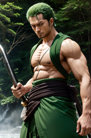 Roronoa Zoro (master part, 4k resolution, ultra-realistic, Very detailed), macho, corpo muscular, corpo imponente, imposing appearance, muscular arms, pernas musculosas, Single body, trapezoid trunk, corpo robusto, corpo muscular, Pecs redondos e carnudos definidos, Washboard ABS set, defined arms, pernas definidas, CABELOS LISOS VERDES LONGOS, (Tema de samurai branco, Charismatic, there is a swordsman next to a Japanese 
