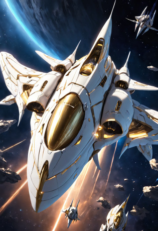 Ivory white and gilded spaceship?Like the prototype of StarCraft, A two-winged spaceship flying in the sky at night, Dark ( Spaceship ), scifi spaceship, cartoon fantasy spaceship, futuristic spaceship, alien space ship flying in space, spaceship far on the background, A spaceship in dark space, futuristic starship, detailed spaceship, A top-down view