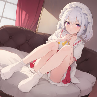 Anime girl sitting in chair?Legs crossed, Splash art anime Loli, loli in dress, small curvaceous loli, the anime girl is crouching, anime visual of a cute girl, anime girl in a maid costume, small loli girl, cute anime waifu in a nice dress, A scene from the?azur lane?videogame, Loli, An anime cover