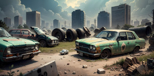 a Zombie Apocalypse scenario with abandoned cars, destruction, robots, and technology:

- Streets littered with abandoned cars and covered in dust, like a post-apocalyptic automotive graveyard.
- Broken windows and shattered glass reflecting the surrounding destruction.
- Rusty and weather-eroded vehicles, silent witnesses to the fall of civilization.
- Crumpled and twisted bodies, indicating the violence of past clashes.
- Withered and torn tires, rendered useless by lack of maintenance.
- Robots disabled, destroyed or abandoned, witnesses of the fight against the hordes of zombies.
- Robotic components scattered on the floor, evidencing the presence of the advanced technology that once existed.
- Remains of drones and autonomous vehicles, once used for surveillance and transportation, now inert and purposeless.
- The presence of abandoned combat robots, with damaged limbs and dead weapons, recalling humanity's efforts to confront the zombie threat.
- Scattered solar panels and power cells, remnants of sustainable energy sources that are no longer maintained.
- Worn markings and inscriptions on vehicles, indicating the passage of survivors or rival groups.
- Wrecked cars piled on top of each other, forming makeshift barricades for protection from zombies.
- Pedestals and empty bases where once there were safety robots, now absent and useless.
- Fragments of electronic circuits and disconnected cables, showing the dismantling of technology.
- Ruins of filling stations and charging stations for electric vehicles, lifeless and covered in moss.

These details can help create an atmosphere of desolation and despair in a Zombie Apocalypse setting, with abandoned cars, destruction, robots, and traces of technology. Use them to bring your scenery to life and stimulate the imagination. --auto --s2