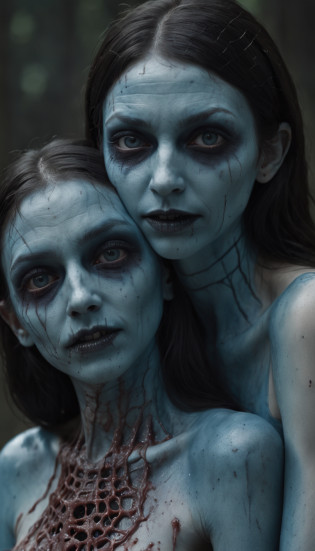 A masterpiece inspired by Hellraiser, h. P. Lovecraft and the Evil Dead 2013, Realistic whole body ((Perforated hard body)) Pictures of two young zombie evil skinny women, Two skinny young evil zombie women with hard bodies pierced ((Two skinny young young zombie evil women, whole body perforated)), decompose, Dark liquid in decomposition body, 12K resolution, Two cute young skinny scary scary evil zombie women psycho monster bat whole body bright translucent pale ghostly dark evil skin zombie hugging without clothes black blue liquid body piercing rotting, Very Complex Face Paint Horrible Body Paint?Completely pierced with dark liquid, Detailed light ghostly dark liquid coming out of the eyes, Crazy Bright Zombie Barely Skinny Emo, Light blue black hair and light green, And evil creepy evil blue smile, The dark dark scene in the haunted house is very scary, ultra-detailliert, ((dark art)), Pantano of fear, full-body view, Head to toe, nffsw