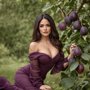Salma Hayek, in a wonderful forest, Large plums grow on the tree, Purple bikini, fantasy, fantasy style, good tits, Hot Pose, Hot photo