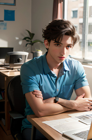 there is a man sitting at a desk with a laptop computer, trabalhando em seu laptop, sentado em sua mesa, Marcos Ariano, Retrato de Timothee Chalamet, sitting at desk, sentado em um computador, timothee chalamet, sentado em uma mesa, foto de retrato detalhada, Declan McKenna, inspirado em Jean Malouel, olhar essitante para seu computador portatil, olhando essitante, trabalhando no seu computador portatil, olhos bonitos, perfect irises, melhor qualidade, qualidade boa, well drawn hands, rosto bem desenhado, bem formado, desemba�ado, idratado, anatomia boa, propor�oes escelentes