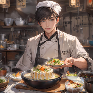 A young and handsome male chef is holding a bowl of savory tofu pudding, with a bill worth 666 yuan in front of him. The tofu pudding is fresh, tender, and enticing, with smooth white tofu and richly flavored ingredients that are visually appealing and delicious.,in the style of the stars art group xing xing, 32k, best quality, masterpiece, super detail, high details