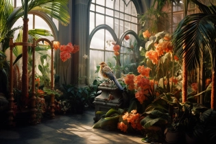 sharp details, realistic film photography, rollei prego 90, philodendrons, bird wings with glistening veins, baroque painting, arched window background, white stone pilalrs, inner glow --c 50 --s 350 --ar 3:2