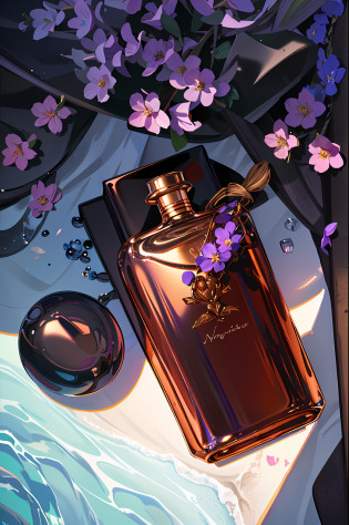 Super realistic scene, (masterpiece),copper glass perfume bottle, surrounded by purple flowers wrapped around, (ultra HD),blue sky background, water, sunlight, low perspective, blender, product rendering, HD 8K? --v6