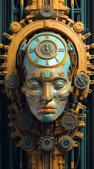 an illustration of a head and a clock on top of it, in the style of futuristic contraptions, realistic hyper-detailed rendering, cyan and amber, mechanized precision, daz3d, symmetrical, lowbrow --ar 51:91 --s 750 --style raw --v 5. 1