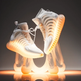 well lit fashion shoot of sneakers designed by craig green, dingyun zhang, yeezy, balenciaga, off white, worn by a beautiful female, sharp focus, clear, detailed, cinematic, detailed, glamourous, symmetrical, vogue, editorial, fashion, magazine shoot, gloss --q 2