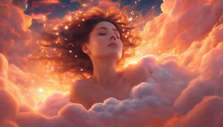 ?masterpiece, Highest Quality, MovieSteel, 1woman, Cloud Girl, Floating in the sky, close-up, brightness, happiness, Warm and soft lighting, sunset, Sleeping, Sleep on your stomach, sleep, eyes closed. (sparks:0.7)