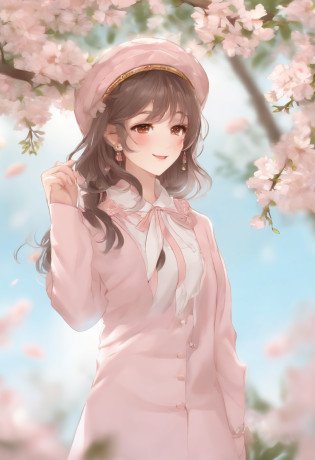 (Daisaku),(Need),(Super meticulous),(full bodyesbian:1.2),1girl,tchibi,adolable,ssmile,open-mouth smile,florals,Light blue background,Raise your right hand,Hold a pencil in hand,Hold a book in your left hand,Music,Pink berets,Manteau,The tree,:3,The shirt,short detailed hair,peach blossom,green headwear,Blurred,brunette color hair,longer sleeves,By bangs,Earphone,brunette color hair,pinkflower,(beautiful  detailed face),(???????),