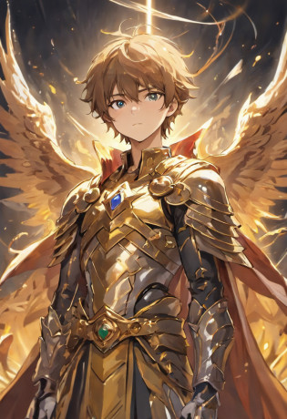 In a world of magic and dragons, a knight stands out with his modern suit of silver-plated armor. His brown hair is neatly combed, and his blue eyes shine with determination. He holds a war hammer in one hand and a shield in the other, ready to face any challenge. His cape, adorned with golden trim, adds a touch of elegance to his otherwise battle-ready appearance.