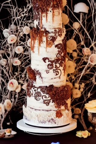 In the foreground, there is a multi layered wedding cake, covered in molten chocolate and adorned with bioluminescent ? flowers and mushrooms. The wedding cake is so detailed that you can see every crumb and texture. The moonlight casts raytraced shadows and reflections on the cake's surface, creating a hyperreal and cinematic effect. The photograph is captured with a f/64 DSLR and tilt-shift lens, giving it a photorealistic and unreal quality. The natural lighting highlights the asymmetrical composition of the cake's layers, and the bubbling chocolate glaze gives the cake a sense of motion and life. The image is a stunning example of art and craftsmanship, with perfect symmetry and centered composition. A magical molten ? landscape under moonlight at night, bioluminescent volcanic ? flowers, ? lava rock, bioluminescent ? mushrooms, flowerpunk, dark ? bloomcore, bokeh, murmurations of embers, hypermaximalism, hyperdetailed background.