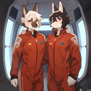 Group photo, red uniform, red uniforms, red jumpsuit, red spacesuit, male, female, smiling, facing viewer, standing shoulder to shoulder, detailed hands, standing in line, space, spaceship, window, by bebebebebe, (((by buta99))), canine, feline, hair, a diverse group of anthro characters standing shoulder to shoulder in red spacesuit uniforms