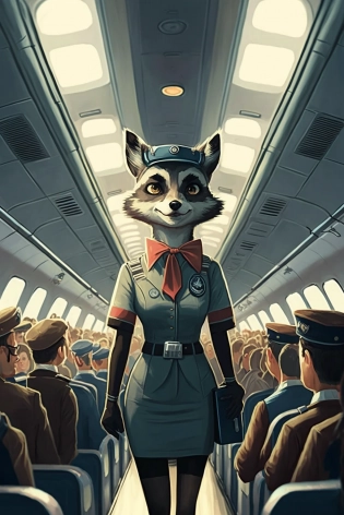 Racoon as a stewardess, standing in the aisle of an airplane, serving passengers